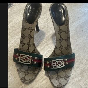 Gucci Brown Green Red Logo Striped Mule Heels Slip-On Open Toe Women's 7.5